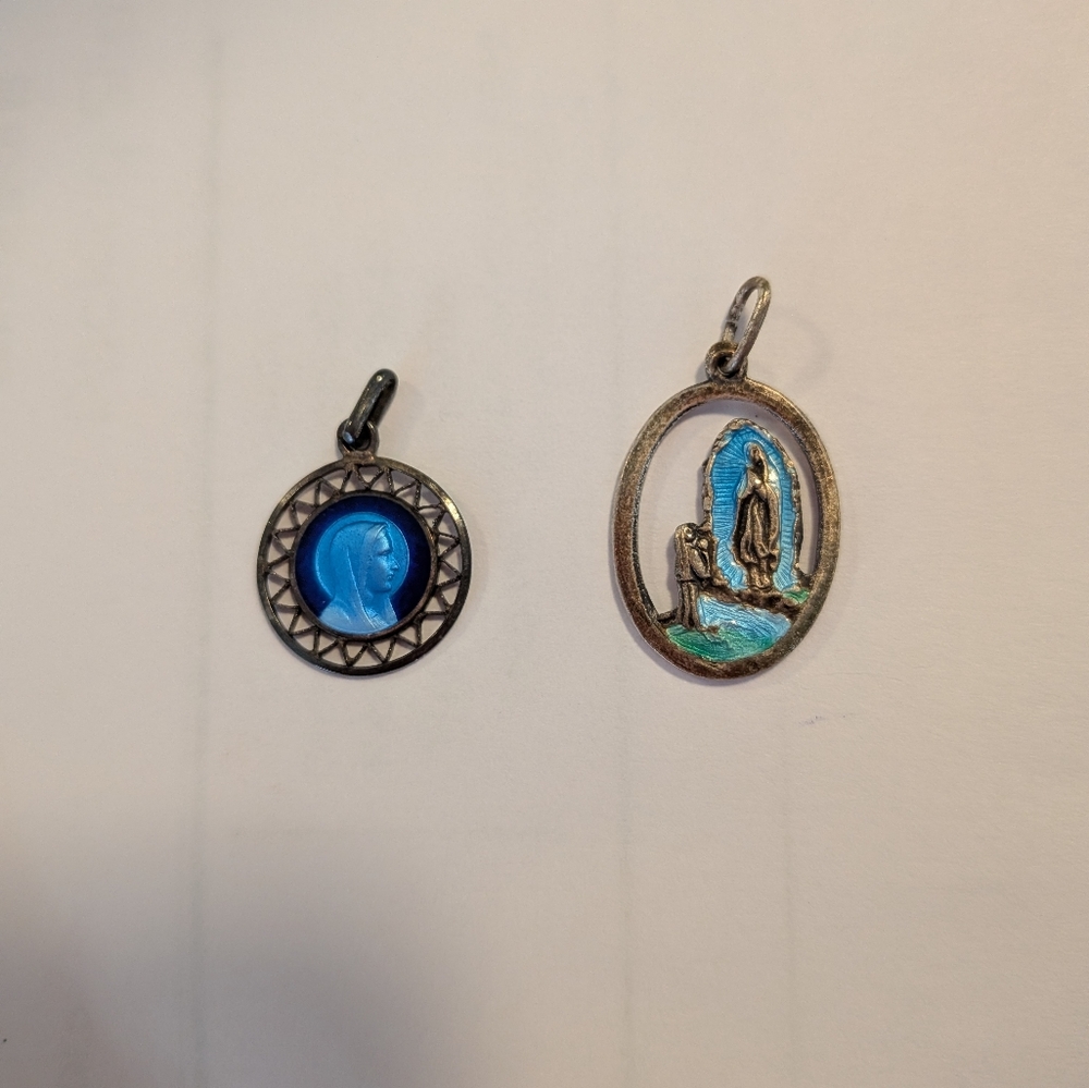 Vintage 60s Two Virgin Mary Medals Charms Blue